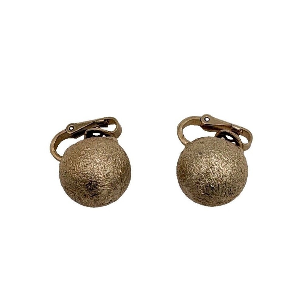 Vintage 1950s Bergere Gold Tone Textured Ball Clip On Earrings Old Hollywood